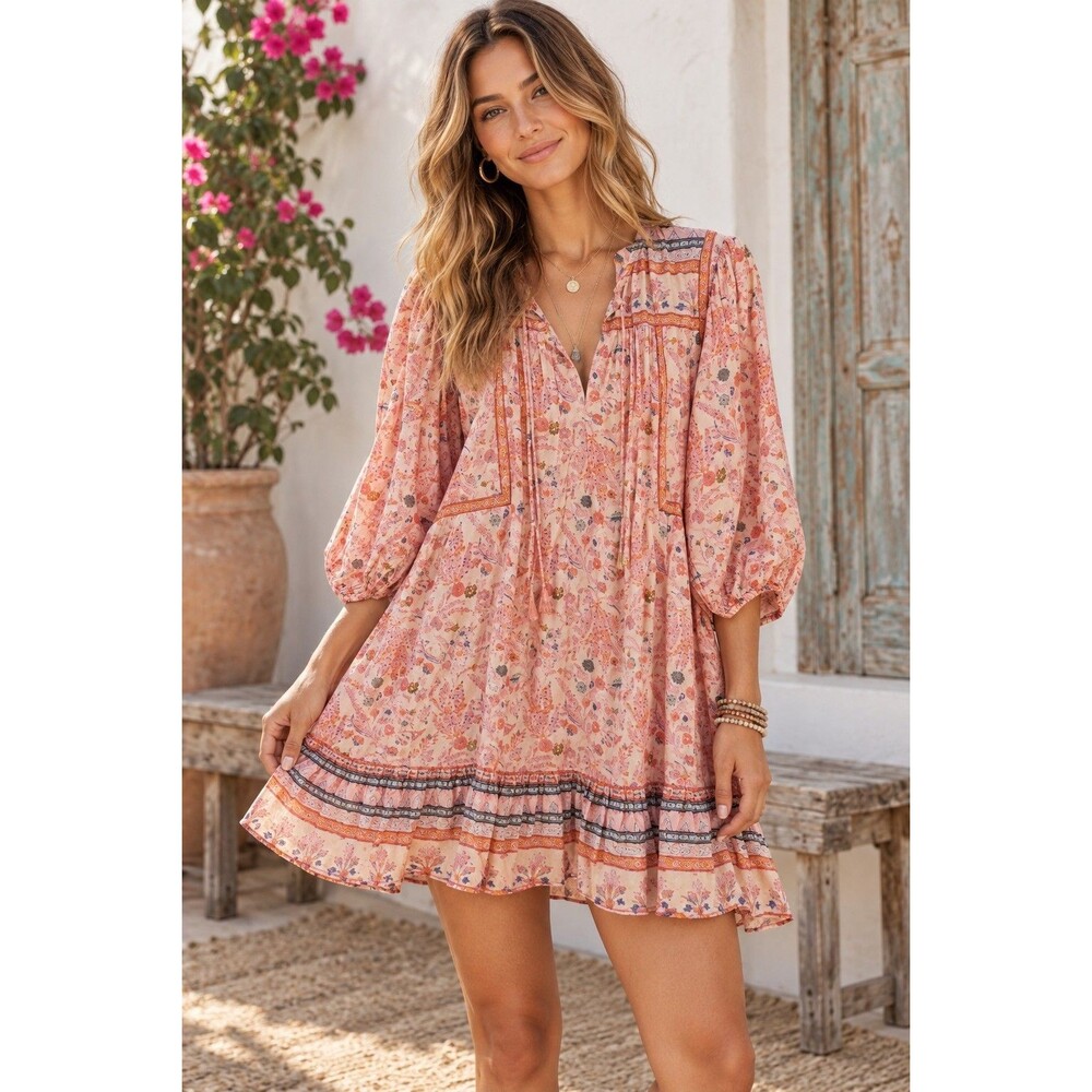 Cleobella Frieda Mini Dress Dahlia Floral Boho Tunic Women’s L Pink Missing Belt